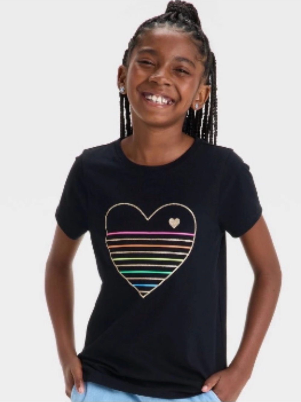 Cat & Jack Black Short-Sleeve Tee with Rainbow Striped Heart